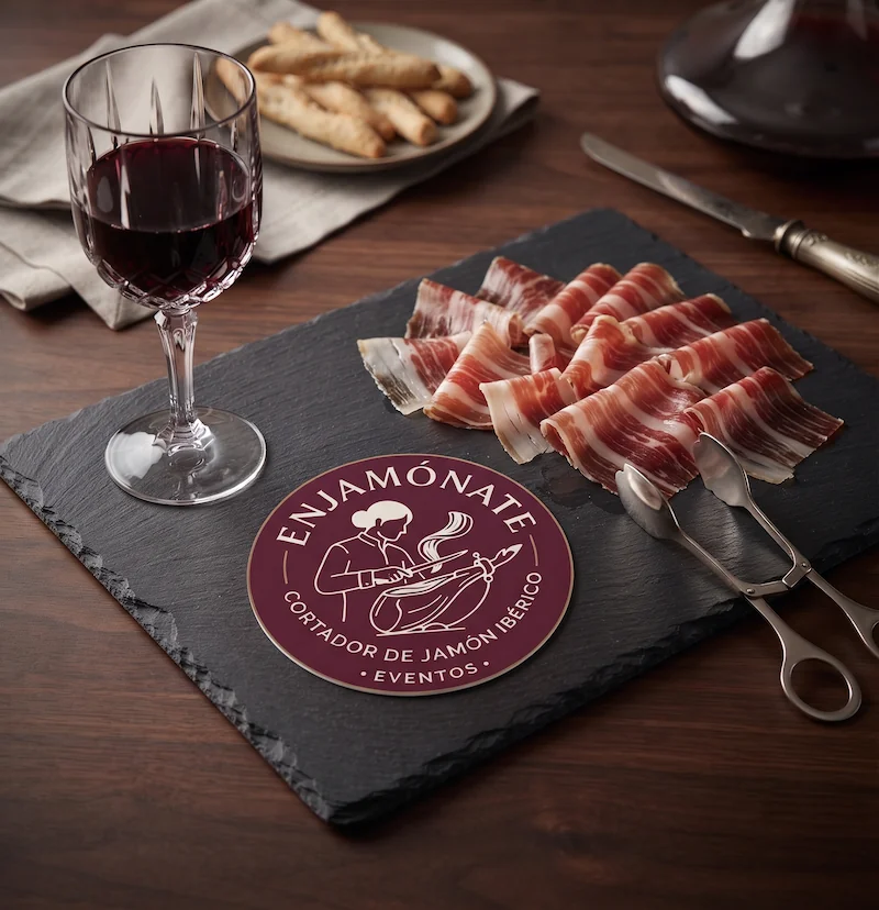 Copa de vino y plato con corte de Jamón Ibérico a cuchillo